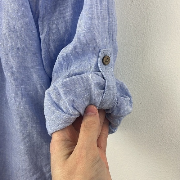 Sigrid Olsen Blue 100% Linen Popover Roll Tab Sleeves Beachy Coastal Top Size M - Picture 9 of 13